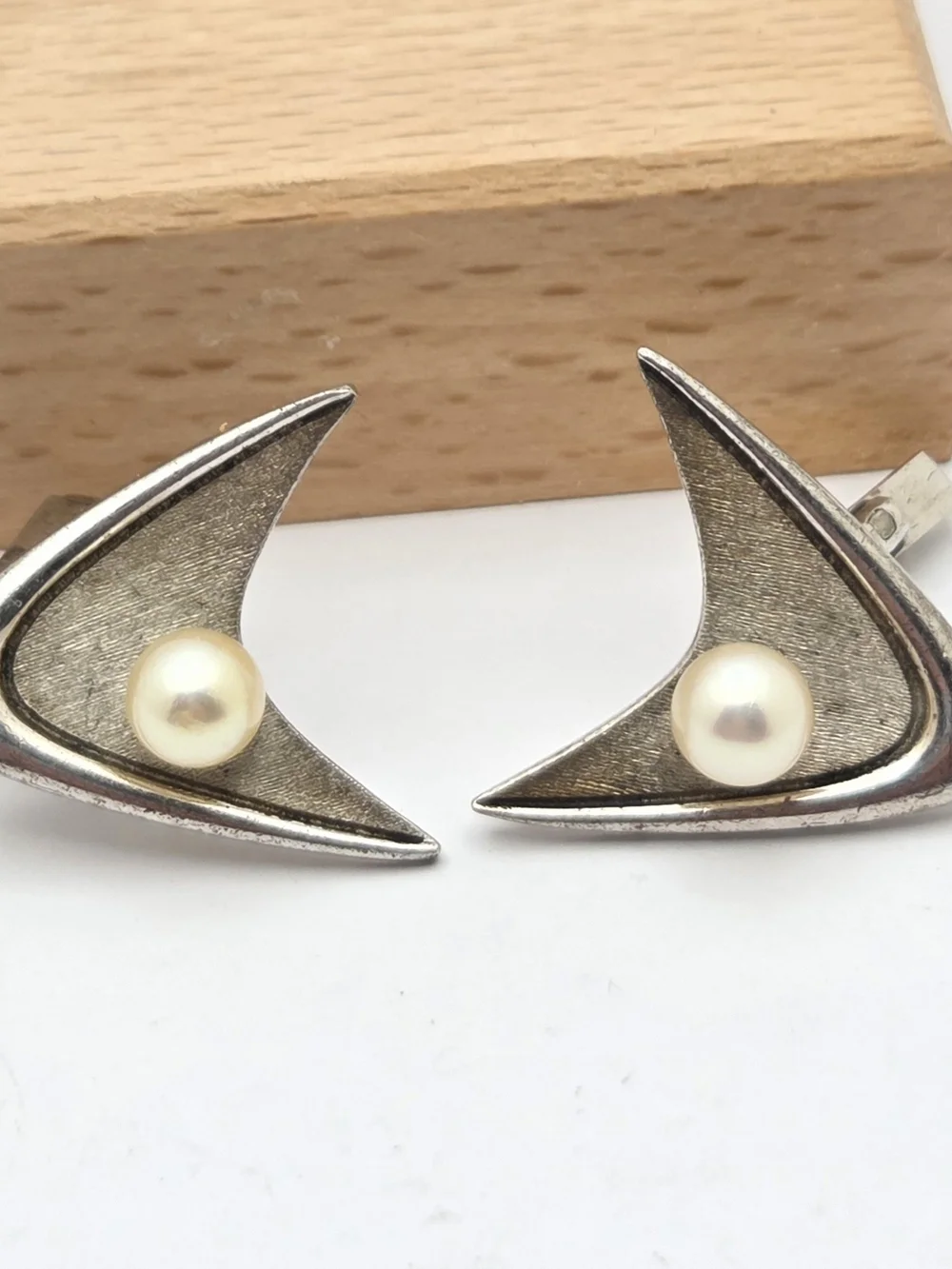 Vintage Sterling Silver Pearl Atomic Age Boomerang Cufflinks MCM